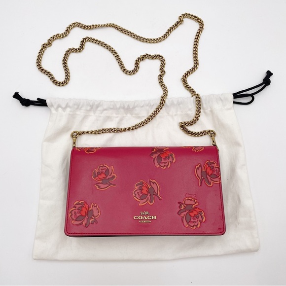 Coach Callie Foldover Chain Clutch With Floral Print Leather Red Apple - Picture 1 of 16